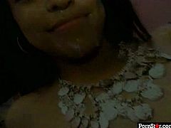 Fresh faced Indian amateur smiles on cam with her cute face fully covered with a hot semen after a mind taking blowjob in solo sex video by Pornstar.