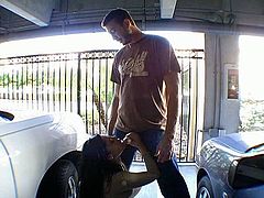 Appealing brunette girl is looking hell seductive wearing top with outright cleavage and mini skirt. She kneels down at the parking lot sucking stranger's cock deepthroat.