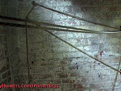 Busty shemale and a very sexy latina milf are having fun in the dungeon. They both are tied up and she sucks on her big stiff cock!