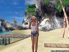 Hot 3D blonde babe sucking a hard cock on the beach