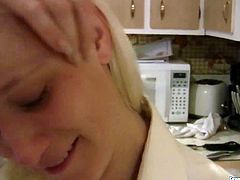 Kinky booty blondie in black pants and white shirt is busy with cooking a meal. She looks really appetizing, cuz her ass is rounded and her boobs are big. This amateur hottie can be the cause of your boner in Pornstar sex clip.