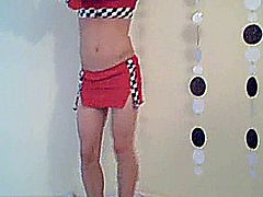 Real young amateur racing tgirl dancing, stripping, showing her tight ass in a little g-string and stroking her 9 inch hard dick on webcam!