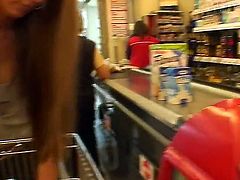 Slim blonde chick Nessa Devil strolls trhough a store while her lover is recording her lovely tits and her fine ass preparing himself for some wild sex in the car.