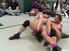Hot chicks have a rough battle on a ring. After that they start to lick and finger eacho others pussies with great pleasure.