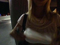 Lusty blonde girl with big boobs flashes her twins. Then she strips on a balcony and kneels down taking hard dick in her pretty mouth. Amateur babe with big boobs give awesome blowjob.