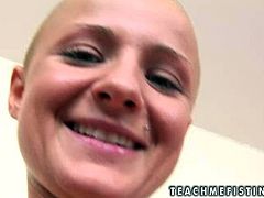 Slutty bald headed girlie with natural pretty tits goes wild. She gonna masturbate on cam. There's no dildo and spoiled long legged nympho uses a baseball bat to tease her wet pussy for orgasm.