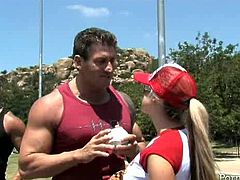 Sexy bitches are wearing sporty costumes looking hell seductive. They are working out on a field while a bunch of studs is watching them from voyeur seats.