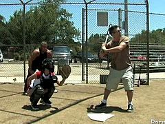 Group of salty young chics in seductive tight fitting shorts and tanks are ready to play baseball outdoor. They run around the field seducing their fans with curvy bodies and long legs.