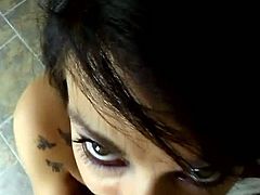 Extremely perverted brunette temptress can hypnotize any man with her sparkling eyes while giving a blowjob. This girl will suck your swollen dick dry!