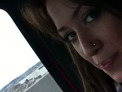 Naughty and playful brunette starts to touch and stimulates his cock in pants. She is eager to give him blowjob while he drives a car.