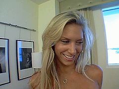 Don't skip this exciting sex tube video. Jaw dropping blonde babe with lower back tattoo and big juicy jugs gives steamy blowjob standing on her knees.
