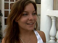 Skanky gold digger is ready to do whatever her sugar daddy want just to please him. So she flashes her tits outdoor teasing him. He thrust his dick in her face right there and then. She starts sucking him deepthroat.