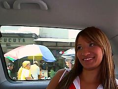 Cute amateur Latina Suzan with a pair of sweet natural tits gets seduced in the back of a car