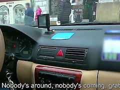 Obscene slag Natali Blue takes a ride in a taxi and pays the driver by sucking his hard cock
