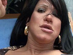 Watch a voluptuous brunette Latin shemale flaunting her hot ass and sexy tits while playing with her cock in this hot vid.