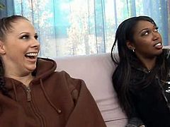 Two whorish teens make out with a sex greedy black dude. They take off his clothes and blindfold his eyes before a steamy threesome sex orgy by Pornstar.