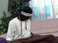 Two wanton students bandage and blindfold kinky black dude in FFM