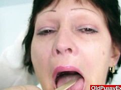 Mature brunette housewife Eva,Visits horny gyno doctor to get her mature unshaven pussy fucked by instruments and enjoyed hardcore fetish during her period exam.Don't miss it!