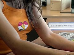 Awesome brown haired teen minx Mona masturbating her delicate pink snatch in front of the camera