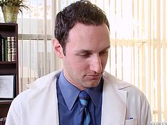 This big dick guy is a surgeon and he is going to do plastic operation on this brunette bitch's appealing boobs. He draws the line around her nipples and then she realizes that her sexy body has given him a boner that she is sucking with a smile on her face by going on her knees. Watch and enjoy.