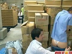 Check out this cute japanese having some fun at the warehouse. She sucks on his cock and wants to take it deep inside her horny pussy!