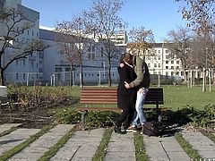 Whorish brunette mom picks up a sex hungry young dude in the street. They head to the park where they kiss with passion sitting on the bench before she lures him home.