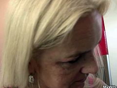 Horny mature seduced her son in law in the kitchen and horny guy can't resist! She grabs his fat cock, gives head and gets her mature pussy fucked hard.