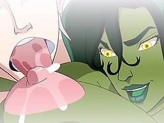 She hulk has invited her little blonde sex slave to her house. After a hard day of fighting crime and lawyering, she wants to rub her gigantic tits in his face and suck on his cock. She lets him lick her nipples and her clit in position 69.