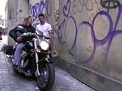 This hunky biker with long hair fucks a man's ass hole for the first time. He tastes his cock a bit too.