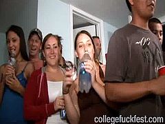 Drunk brunette rides dick and gets fucked in front of her college fellows. They enjoy watching her in action and like the way she gives blowjob.