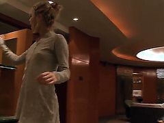 Pretty blonde teen Sasha with natural perky boobies and tight firm ass in white undies gets filmed in bathroom while peeing and trying on sexy dress in front of mirror.
