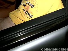 This slutty girl is sitting totally naked in the car. She is sucking meaty cock of the guy she barely knows. That is how skanky girls have fun at the college party.