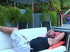 Kinky chicks chilling by the poolside outdoor are flirting with a single guy. Later he thrusts his dick in the air so hot blowjobbers star sucking the stem and balls like crazy sluts.