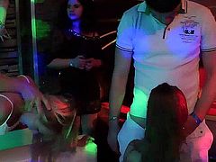 Long haired party slut gets slick pussy nailed hard in public in the club