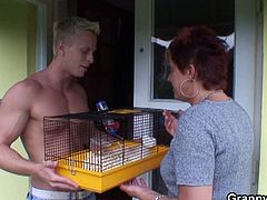 This old skank used her hamster as a pretext to visit her hot neighbor. He knew what she wanted, so he pounded her old cunt.