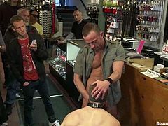 Cody Allen, Steve Vex abd many other gays are having a good time in a shop. All the poofs binds Cody, attach clothes pegs to his body and then fuck his tight asshole by turns.