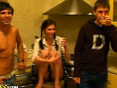 Sassy and ritzy brunette was sitting on a table in the kitchen and having fun with her friends.They were just talking and quietly pass to do other dirty things with each other.She started to take off her clothes and make her friends manhood arouse.Watch this sex tube video.