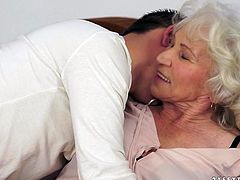 Perverse young dude eats bushy cunt of fat grey-haired granny