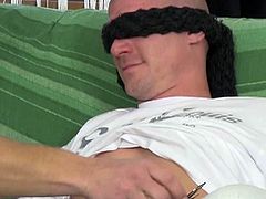 This babe is blindfolding a muscular bald guy and then she leaves the room. A gay dude walks in and starts giving him a handjob. Then, the straight guy is so horny that he sucks cock and takes it in his ass hole.