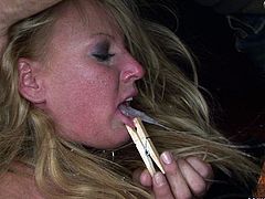 Horny dude ties up submissive blondie with natural droopy tits. Fixed with ropes booty whore gets her nose and lips pinned with clothes pegs and then gives a blowjob for gooey sperm.