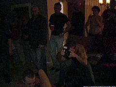 Filthy college slut is fucking furiously at the party in front of voyeurs. She gives stout blowjob and then gets hammered hard missionary style.