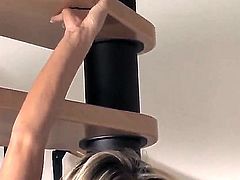 Adorable blonde teen Veronika Fasterova with french manicure and small perky boobies in undies only teases with tight firm ass and poses at the staircase in memorable solo action.