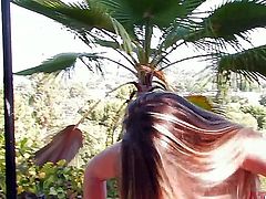 Young brunette cuttie Staci Silverstone with natural perky boobs and long whorish nails has fun while teasing and gets filmed in close up while pissing and smoking in backyard.