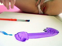 Horny as fuck brunette chick finger painting herself