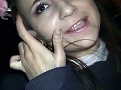 This young European brunette gal gets approached at night by two guys wanting to take her somewhere and get her naked to see if she'll let them stick their cock in her mouth and pussy.
