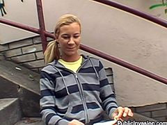 Nasty blonde girl is playing dirty games with some guy in the street. She plays with the guy's prick and then lets the dude to drive it into her shaved snatch and fuck it deep.