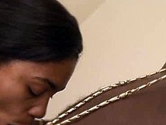 Horny black daddy calls up a slender whore with small perky tits. She stands in doggy pose giving blowjob to his slim penis before she tops it for a ride in cowgirl style.
