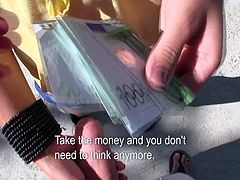 Seductive mommy agrees to strip for money. Then she is given another attractive offer that she can not refuse. So she sucks big dick of a perve outdoor.