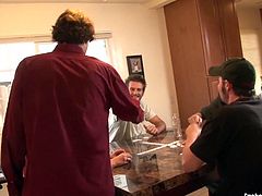 Utterly sexy brunette bombshell plays poker with a bunch of sex greedy dudes before they lure her to sex. She squats down in front of them to give them blowjob in turns in peppering gangbang sex orgy by Pornstar.