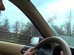 Black haired amateur Natali Blue with french manicure and hot body in tight jeans drives car on a lazy afternoon and gives head to her lover while he films everything in pov.